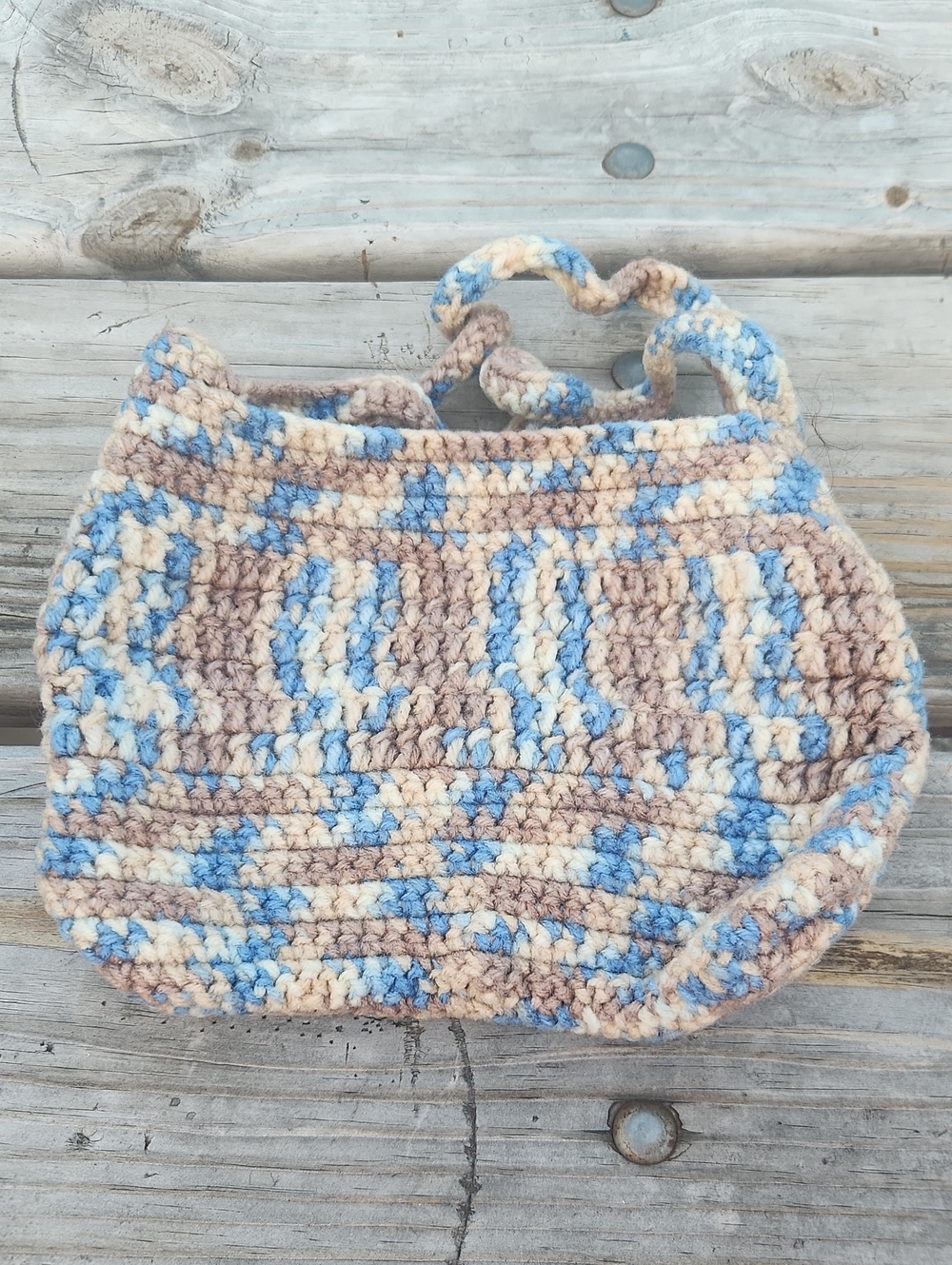 Handmade Crochet Blue Tan Cream Tote Bag